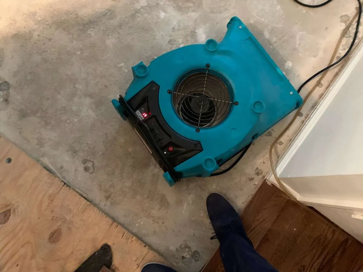 Air mover drying subfloor during Leak Detection & Repair in Orchard Mesa
